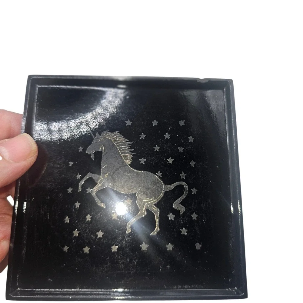 VTG Otagirl Black Gold Unicorn Coaster Set with Holder Stars Celestial 5 Piece